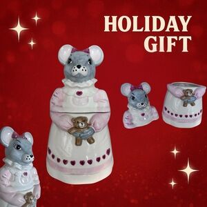 Vintage Ceramic Mouse Cookie Jar – Pink Dress with Teddy Bear – Made in Thailand
